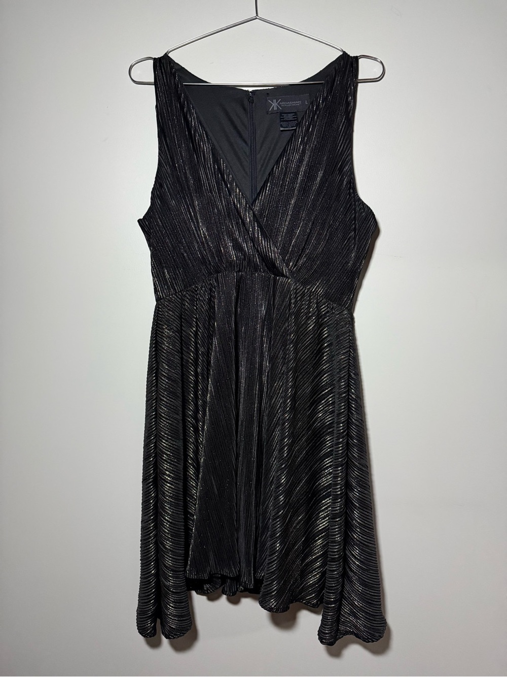 Kardashian Kollection Black Gold A-Line Dress Size L Metallic Shimmer Pleated